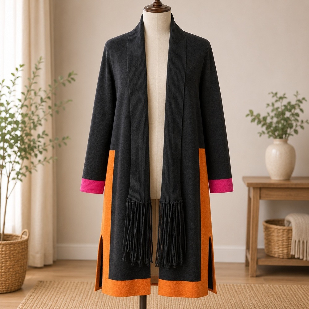 NWT Attitudes by Renee Cardigan Women XS Black Colorblock Scarf Neck Fringe Knit